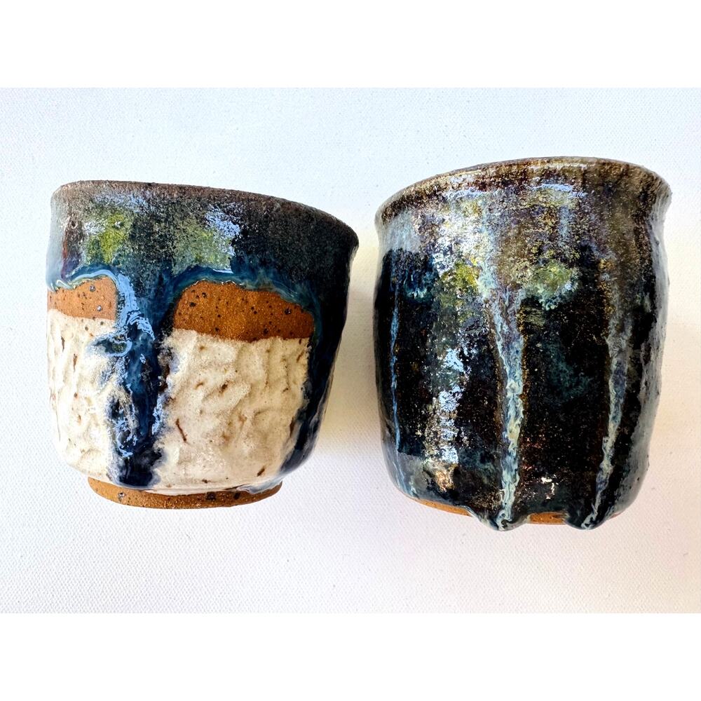 Signed Deb A Studio Pottery Cups Pair Blue Drip Glaze Stoneware